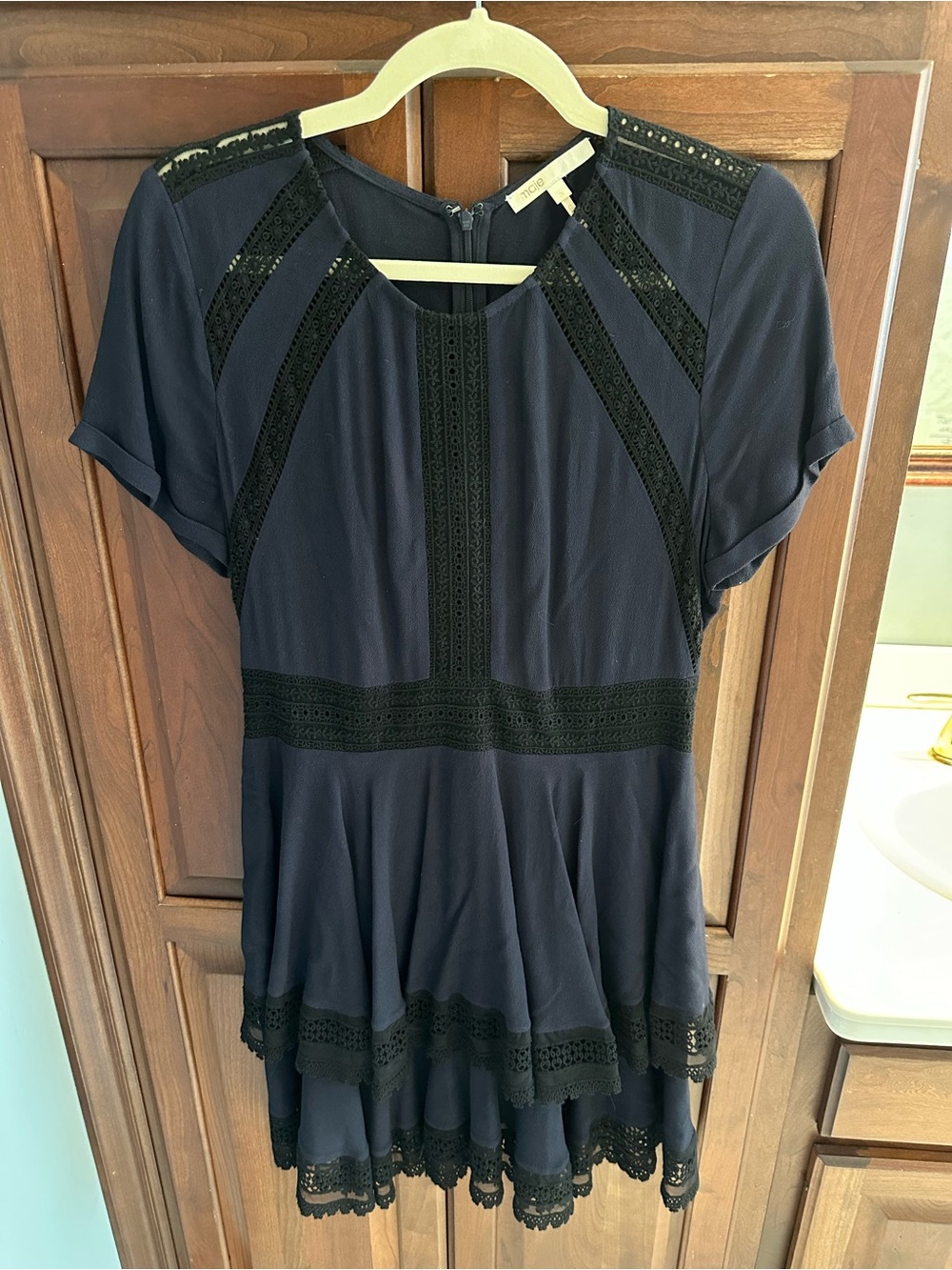 Maje Navy and Black Lace-Trim Short Sleeve Dress Size 3